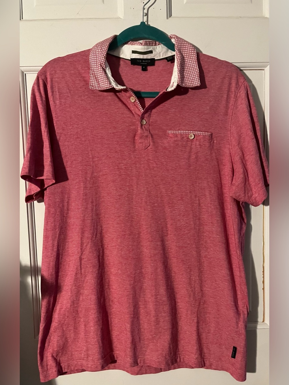Ted Baker Men's Red And White (Subtle) Striped Polo W/Pattern Collar, Size 4 (L)